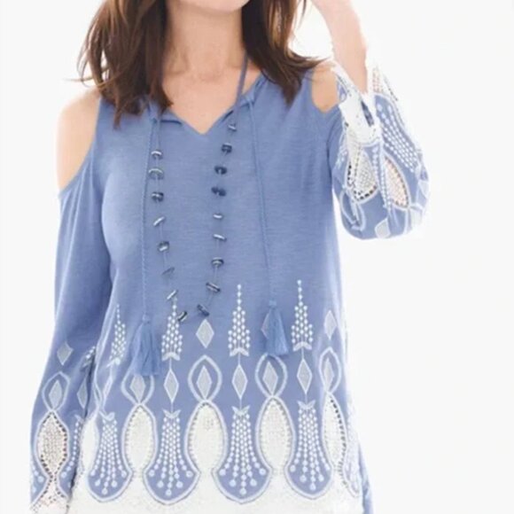 Chico’s Cold-Shoulder Blue Embroidered Sleeveless Top – Size 4 (1X/2X) - Picture 1 of 9
